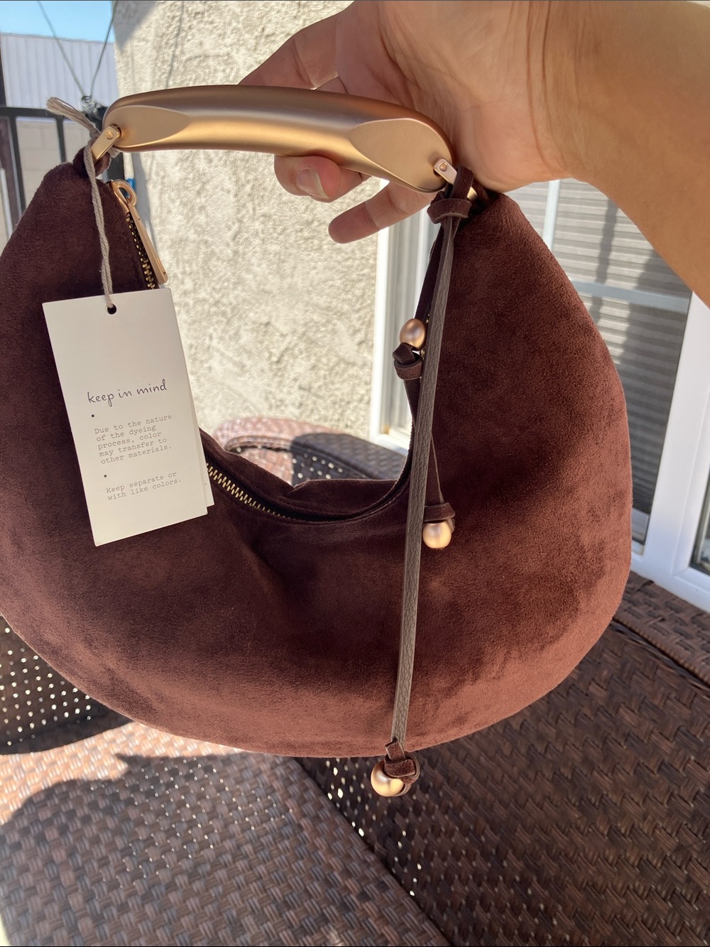 a new day Dark Brown Faux Suede Crescent Hobo with Gold-Tone Handle - Picture 5 of 6